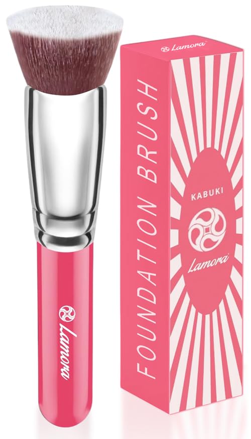 LAMORA Foundation Brush for Liquid Makeup - Kabuki Face Brush for Cream, Powder, Blush, and Concealer - Flat Top Blending, Buffing, Stippling Brush
