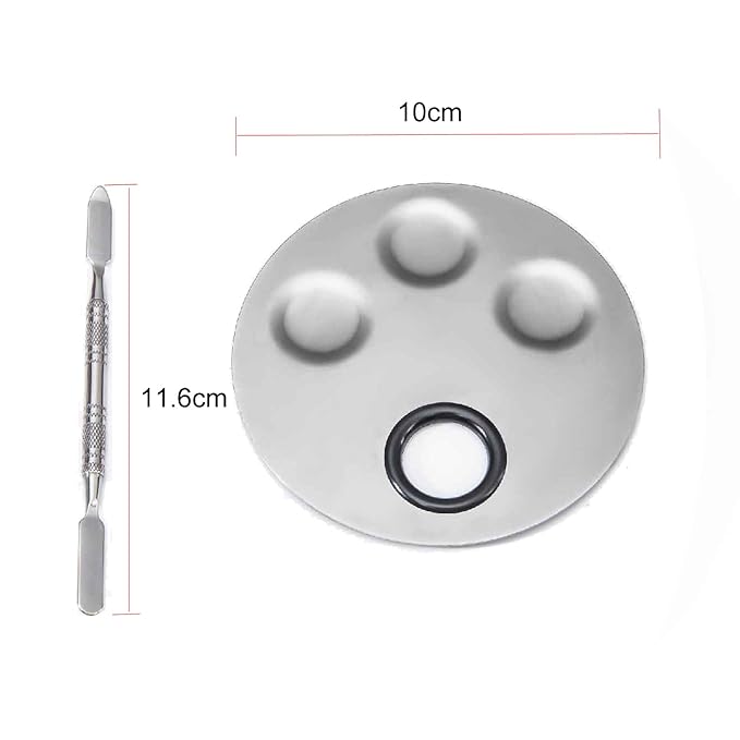 1 Set Round Stainless Steel 3-Well Cosmetic Makeup Palette with Spatula Cosmetic Artist Palette Mixing Palette with Spatula Nail Art Eye Shadow Lipsticks Mixing Makeup Tools, Silver