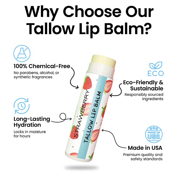 Tallow Lip Balm by Cattle Creek – Organic, All-Natural Ingredients, Long-Lasting Moisture and Hydration for Dry, Cracked, and Chapped Lips, Soothing Formula for Soft Skin (Pack of 3, Strawberry)
