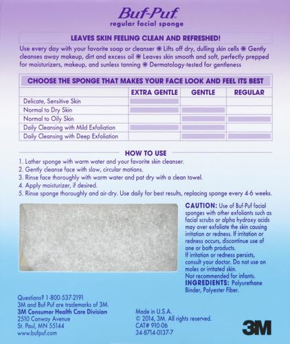 Buf-Puf Regular Facial Sponge, Dermatologist Developed, Removes Deep Down Dirt & Makeup that Causes Breakouts and Blackheads, Reusable, Exfoliating, White, 1 Count (Pack of 2)