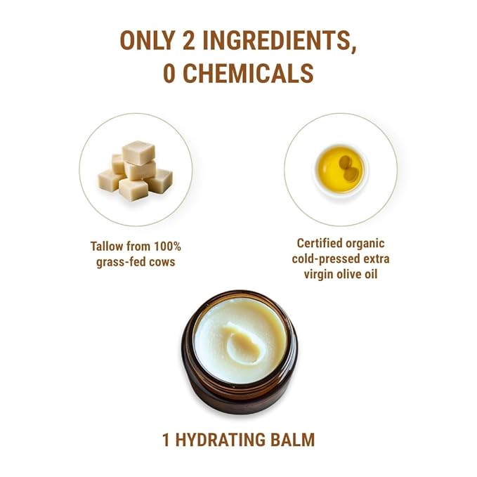 Vintage Tradition Beef Tallow Balm for Skin Care - Unscented, All Purpose Balm for Sensitive Skin Heals and Hydrates with Olive Oil + Tallow from Grass-Fed Cows - Beef Tallow for Skin, 2 fl. oz.