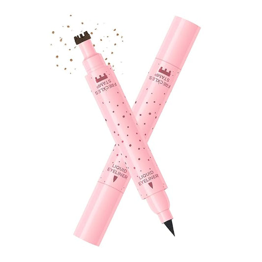 KYDA Freckle Liquid Eyeliner Pen, 2 in 1 Freckles Stamp and Black Liquid Eyeliner, Waterproof and Long lasting Soft Dot Spot Pen Realistic Fake Freckles for Natural Lifelike Sun-kissed Makeup-LIGHT