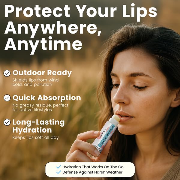 Tallow Lip Balm by Cattle Creek – Organic, All-Natural Ingredients, Long-Lasting Moisture and Hydration for Dry, Cracked, and Chapped Lips, Soothing Formula for Soft Skin (Pack of 3, Apple)