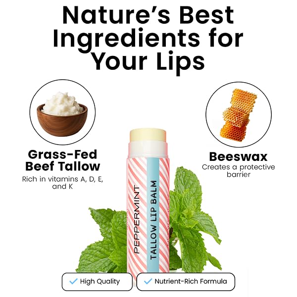 Tallow Lip Balm by Cattle Creek – Organic, All-Natural Ingredients, Long-Lasting Moisture and Hydration for Dry, Cracked, and Chapped Lips, Soothing Formula for Soft Skin (Pack of 3, Peppermint)