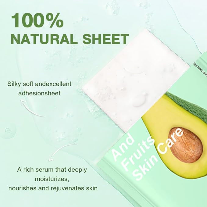 Kaely 12 Pack Avocado Face Masks for Kids, Kids Face Mask Spa Day Kit Supplies, Spa Party Favors for Teens Girls Women, Sheet Facial Mask Skincare Gifts Set, Hydrating Nourish for All Skin Types, 09