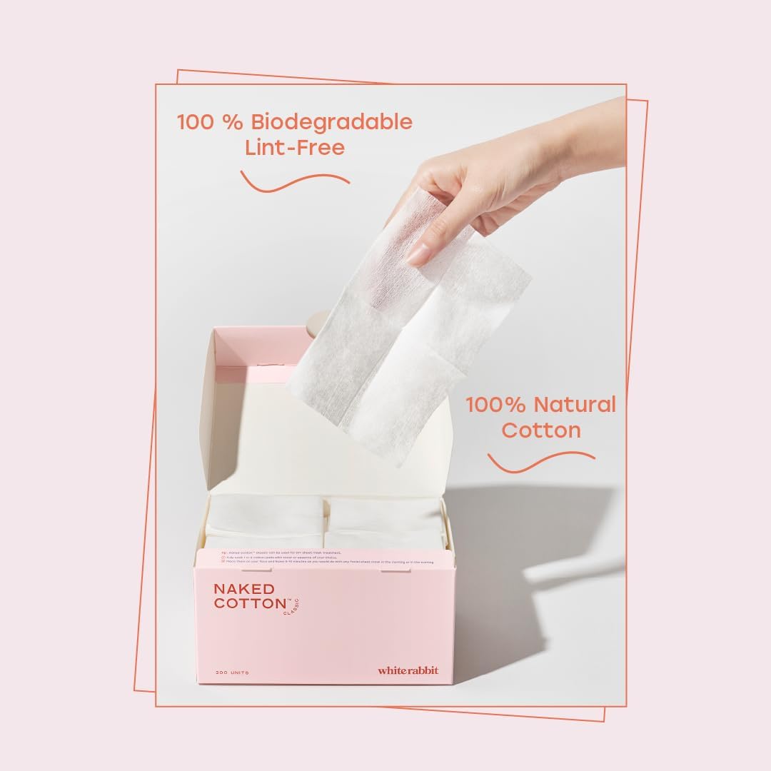 White Rabbit - Naked Cotton Classic - Premium Facial Cotton Pads - for Makeup Remover, Toner, Mask - 100% Cotton, Unbleached, Lint-Free - Extra Soft & Durable - Natural & Cruelty-Free - 100 Count