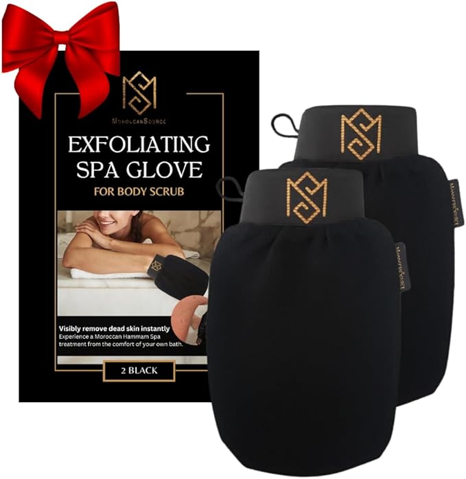 Exfoliating Glove Kessa Mitt Body Scrubber - Dead Skin Remover Shower Glove for Dead Skin Scrubbing and Deep Pore Cleansing - by MoroccanSource (2 Pack Black)