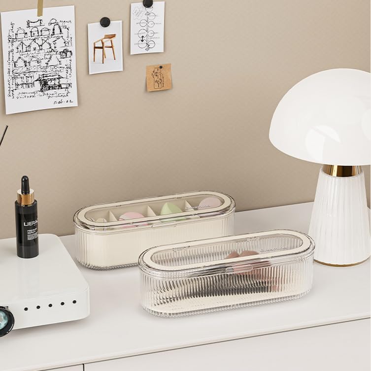 Clear Acrylic Makeup Brush Holder Organizer With Lid - Cosmetic Storage Case Display for Vanity and Sponges