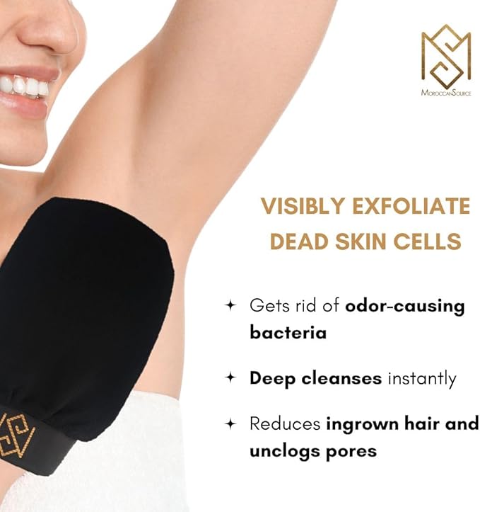 Exfoliating Glove Kessa Mitt Body Scrubber - Dead Skin Remover Shower Glove for Dead Skin Scrubbing and Deep Pore Cleansing - by MoroccanSource (2 Pack Black)
