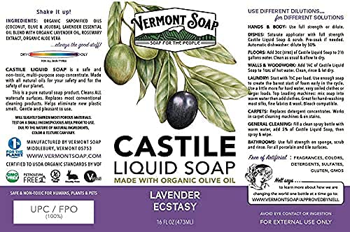 Vermont Castile Soap Lavender, Gentle Liquid Soap for Sensitive Skin & Natural Body Wash, Organic Hair Shampoo for Oily Hair, Aloe Castile for Men & Women - 16 Oz