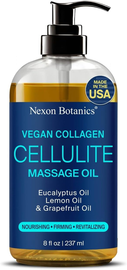 Anti-Cellulite Massage Oil for Massage Therapy 8 fl oz - Refreshing and Relaxing - Natural Oils with Vegan Collagen and Stem Cells - for Men and Women - Nexon Botanics