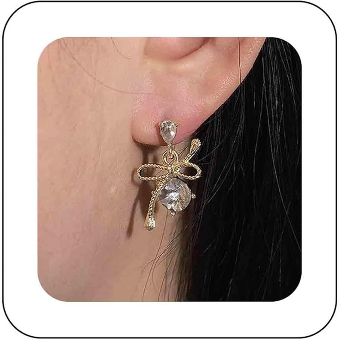 Vintage Rhinestone Bow Drop Earrings Gold Teardrop Crystal Earrings Round Cut Stud Earrings Bow Crystal Bridal Earrings Jewelry for Women