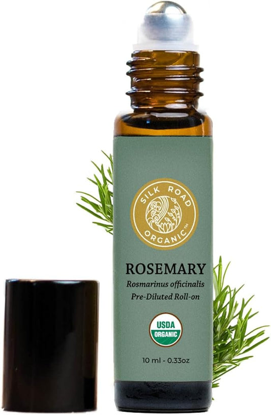 Silk Road Organic Rosemary Essential Oil & Jojoba Roll On, 100% Pure USDA Certified Aromatherapy to Improve Memory & Focus & Hair Health - 10 ml Roller