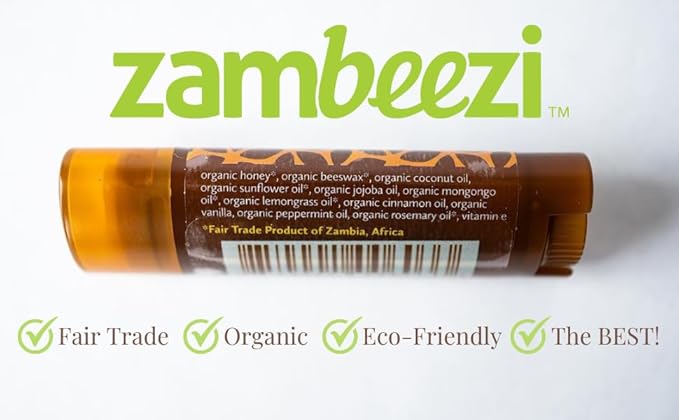 Zambeezi Fair Trade, Organic Beeswax Lip Balm - CORE 4 Pack (Wild Rose, Tangerine, Sweet Basil and Lemongrass) - Ethically Sourced