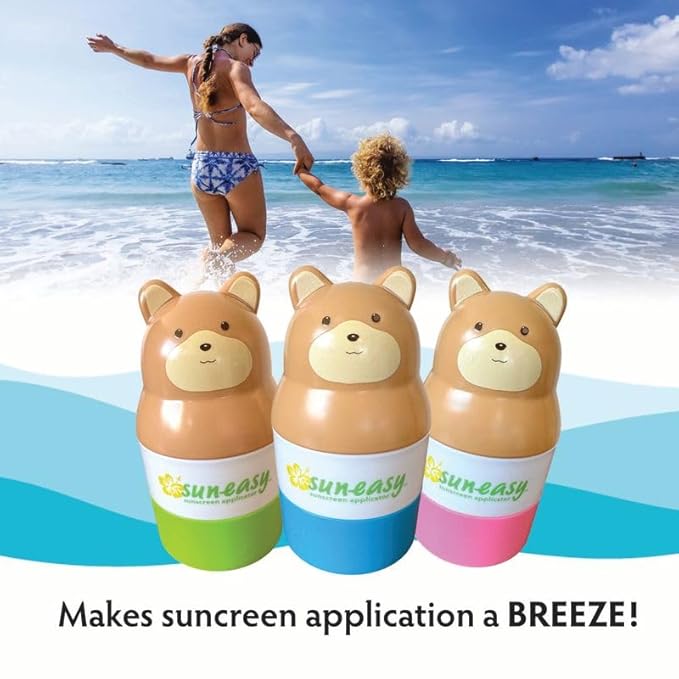 Sun-Easy Sunscreen Applicator, Refillable Roll-On with Sponge for Kids and Babies, Fun, Fast and Mess-Free application, Holds 100 ml, Bear/Green Cap