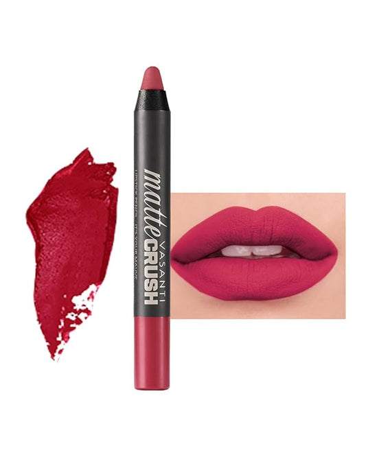 VASANTI Matte Crush Lipstick Pencil (Dozen Roses - Rose Berry) - Smooth, Longwearing, Velvety Matte Lipstick Pencil - Water resisitant & Smudge proof - Rich Pigmented, Paraben Free Stick