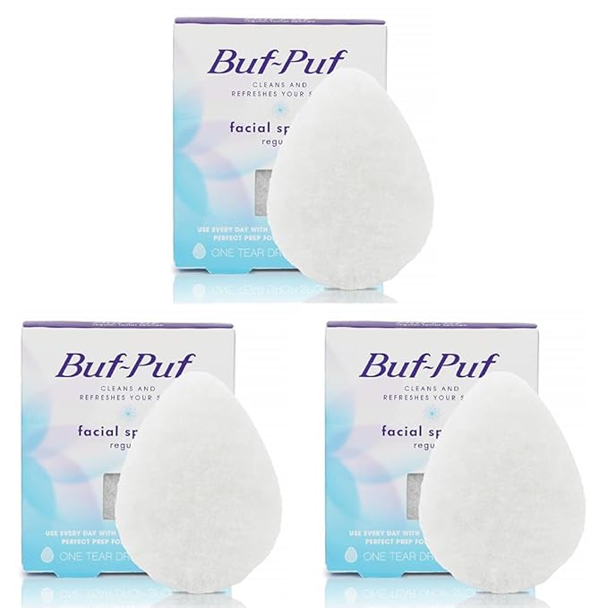 Buf-Puf Regular Facial Sponge, Dermatologist Developed, Removes Deep Down Dirt & Makeup that Causes Breakouts and Blackheads, Reusable, Exfoliating, White, 1 Count (Pack of 3)