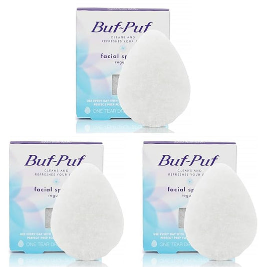Buf-Puf Regular Facial Sponge, Dermatologist Developed, Removes Deep Down Dirt & Makeup that Causes Breakouts and Blackheads, Reusable, Exfoliating, White, 1 Count (Pack of 3)