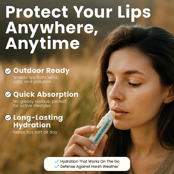 Tallow Lip Balm by Cattle Creek – Organic, All-Natural Ingredients, Long-Lasting Moisture and Hydration for Dry, Cracked, and Chapped Lips, Soothing Formula for Soft Skin (Pack of 3, Original)