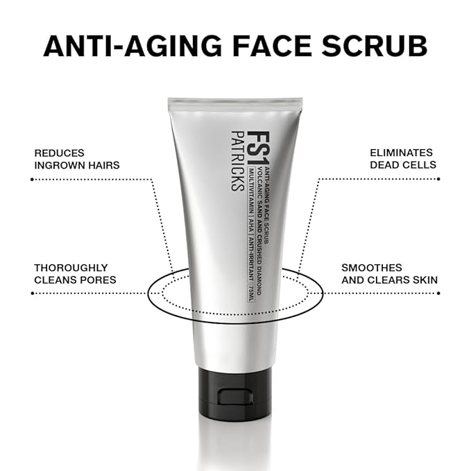 PATRICKS FS1 | Exfoliating Facial Scrub | Skin Care for Men | Anti-Aging Face Exfoliator | Helps to Reduce Ingrown Hair & Dead Skin | Travel Friendly | Made w/Diamond & Volcanic Sand Particles | 75g