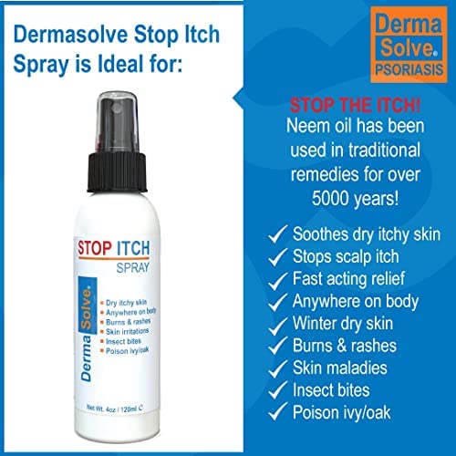 Dermasolve Stop Itch Spray with 100% Organic Neem Oil, Scalp and Body Psoriasis Relief, Dry Skin, Bites, Sunburn, Burns and Rashes