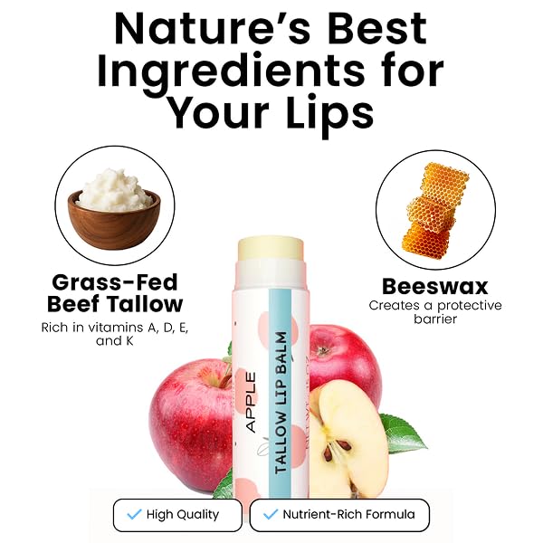 Tallow Lip Balm by Cattle Creek – Organic, All-Natural Ingredients, Long-Lasting Moisture and Hydration for Dry, Cracked, and Chapped Lips, Soothing Formula for Soft Skin (Pack of 3, Apple)