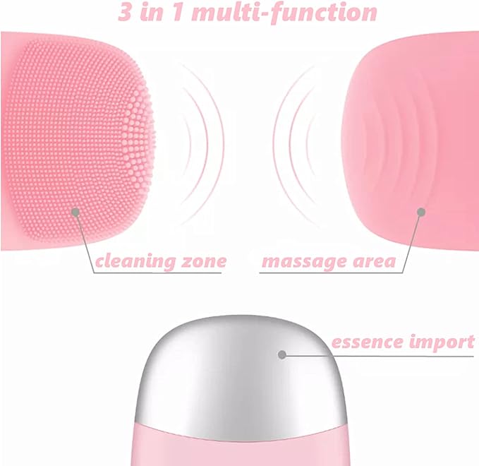 MEGAN Facial Cleansing Brush,USB Rechargeble Electric Silicone Face Scrubber,IPX7 Waterproof Sonic Facial Massager, 3 in 1 face Brush for Deep Cleanning, Blackhead Remover, Exfoliating.（Pink）