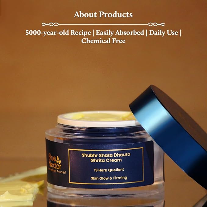 Blue Nectar Shata Dhauta Ghrita Face Cream for Women | 100 Times Washed Ghee Face Moisturizer for Women | Truly Natural Face Cream for Skin Firming (19 Herbs, 1.76 Oz)