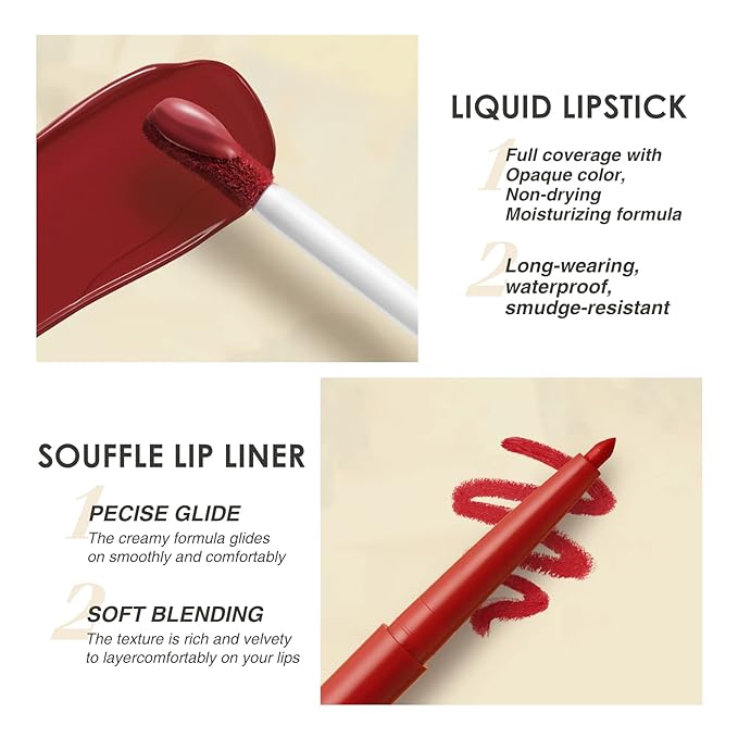 BestLand 6Pcs Matte Liquid Lipstick + Lip Liner Pens Set, One Step Lips Makeup Kits Pigment Velvety Nude Lip Stain Waterproof Long Wear Lip Gloss Make up Gift Set (Vintage Charm Lip Set)