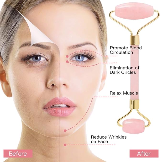 Jade Roller,Rose Quartz Roller for Face,Jade Skincare Tool,Jade Facial Roller,Eye Roller Anti Aging Jade Massager Roller Slimming Healing Chakra Tool A-Rose Quartz (Golden)