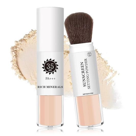 Mineral Sunscreen Setting Powder Mineral Brush Powder SPF 35 PA+++ Oil Control Matte Effect Lightweight Breathable Translucent Powder Setting Powder Sunscreen Makeup for Face with Brush - 02 Fair
