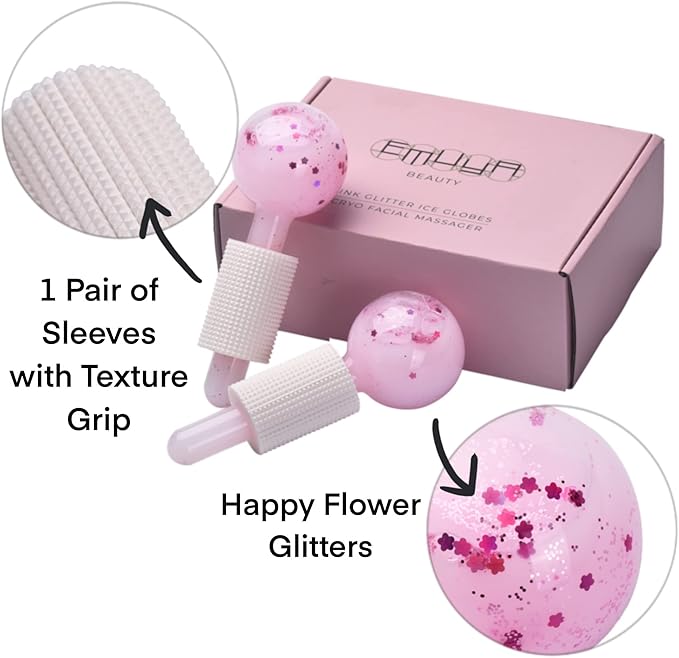 Ice Globes for Facials – Facial Tools for Face & Eye Puffiness Relief, Cool Skincare Cryo Tools - Pink Drink Glitter
