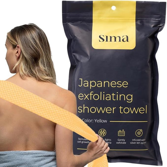 Exfoliating Washcloth Face & Body Scrub Towel - Japanese Exfoliating Towel with Hexagon Fibers, Body Scrubber with 2 Sides for Scrubbing & Washing, Extra Long Body Towel (Yellow)
