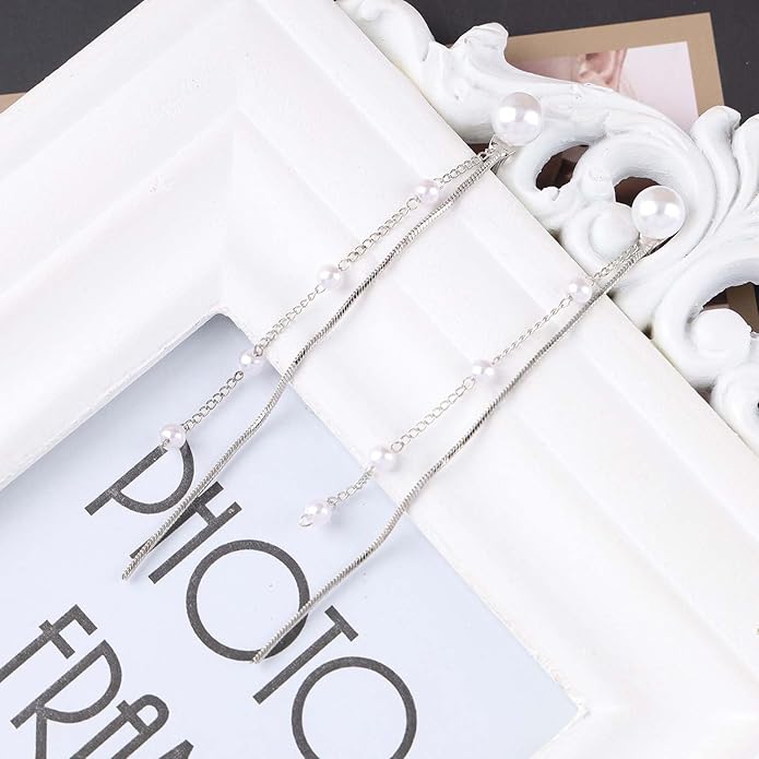 Vintage Pearl Dangle Earrings Long Pearl Chain Earrings Silver Pearl Tassel Drop Earrings Tiny Pearl Bridal Earrings Jewelry for Women