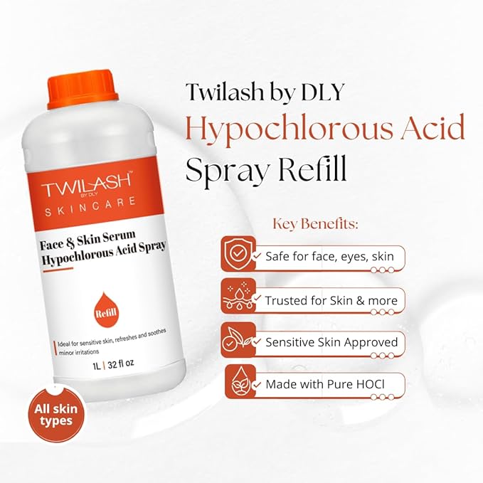Hypochlorous Acid Spray Refill | HOCl Face & Skin Cleanser | Facial Mist, Acne & Eczema Relief, Tattoo & Piercing Aftercare | Eyelid & Lash Cleanser | Alcohol-Free Toner (32 Fl Oz)