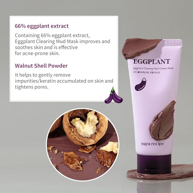 Papa Recipe Kaolin Mud Mask with Eggplant Extract – Hydrating Creamy Clay Mask for Pore Care, Gentle Exfoliation & Daily Use – With 6 Types of Hyaluronic Acid & Cica – Korean Skincare