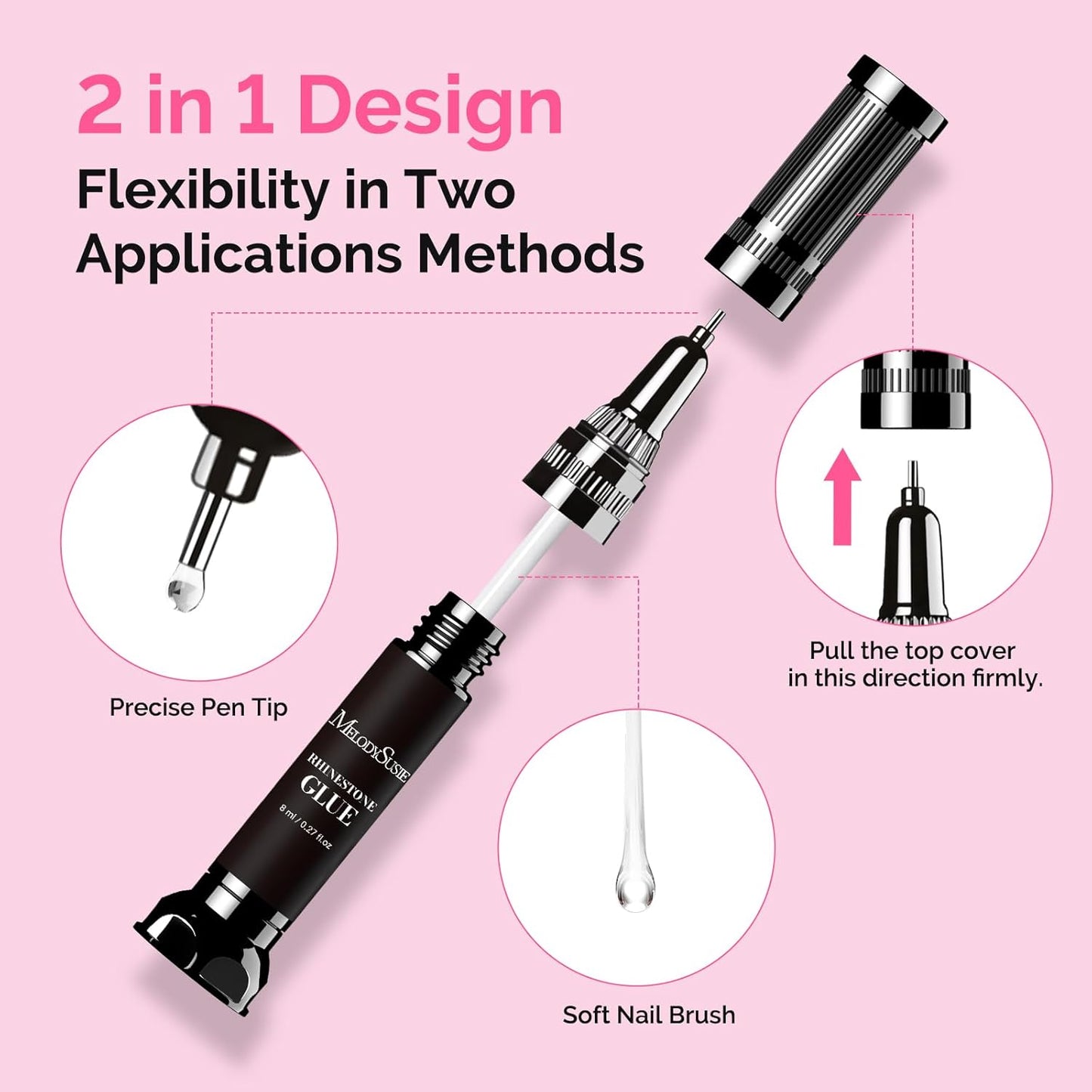 MelodySusie 2Pcs Nail Rhinestone Glue, 3D Gel Nail Art Design Strong Adhesive Nail Gem Glue with Brush Pinpoint Nail Charms Gems Jewelry Decoration DIY Manicured at Home Cured Need