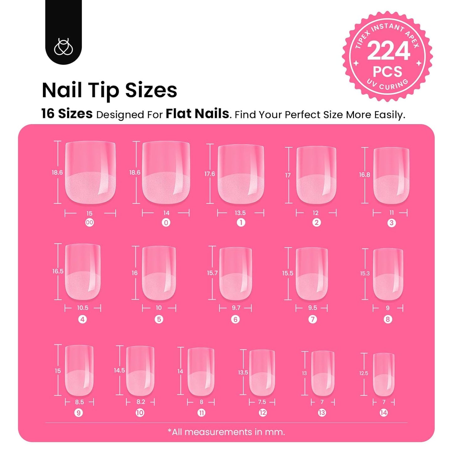 Beetles Tipex Gel Nail Kit Extra Short Square: 16 Sizes Instant Apex Nail Tips, 224 Pcs Pre-Building False Nail Tips with Tipex Nail Glue, Mini Nail Lamp-Thick Acrylic Nail Set