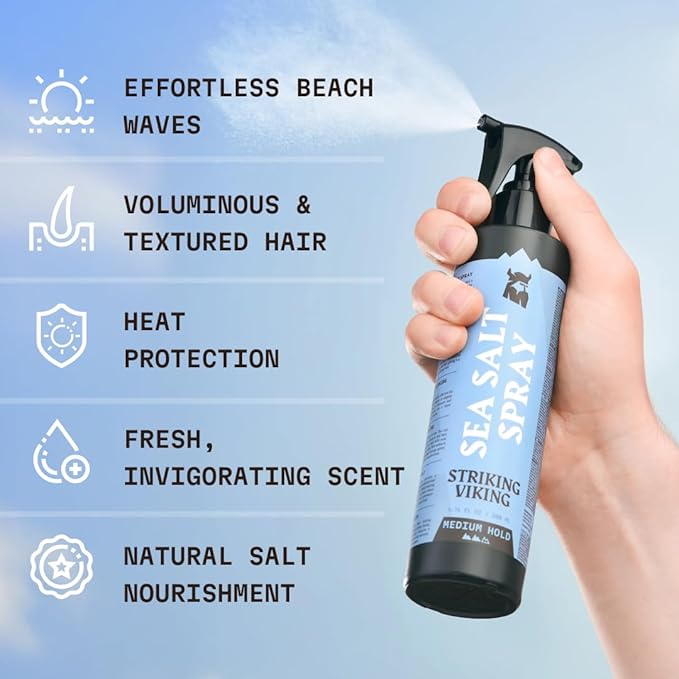 Striking Viking Sea Salt Spray for Hair - Light Hold - 200ml (6.76 Fl Oz) Blue Ocean Scent - Texturizing, Volumizing & Curl Enhancing - Salt Spray for Beach Wave Style