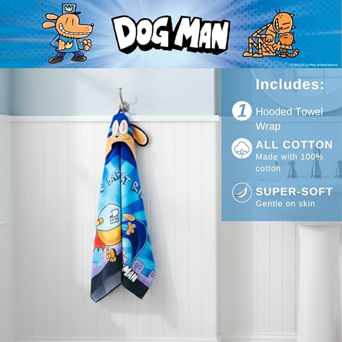 Dog Man Supa Comic Kids Super Soft Bath/Pool/Beach Soft Cotton Terry Hooded Towel Wrap, 24 in x 50 in, (Officially Licensed Product) by Franco