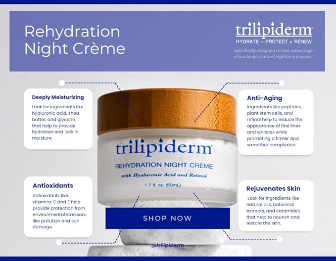 Trilipiderm Rehydration Night Crème W/Hyaluronic Acid, Vitamins A, C, E & Medyssinnian Lipid, Anti Aging Facial Night Cream Moisturizer for Face & Neck, Anti Wrinkle Cream for Men & Women, 1.7 Fl Oz