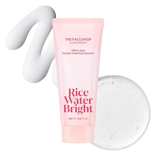 The Face Shop Rice Water Bright Double Foaming Cleanser, 2-in-1 Milky and Jelly Texture, Gentle Face Wash for Hydrating & Moisturizing, Makeup Remover, Korean Skin Care, Vegan, 6.4 fl. oz.