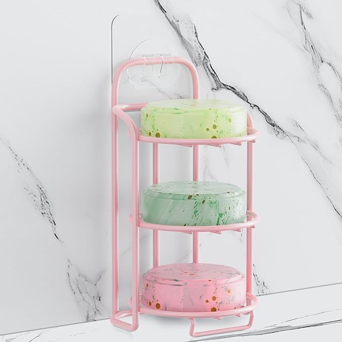 Pink 3-Tier Shower Soap Shampoo Bar Holder, Self Adhesive & Freestanding Draining Soap Dish Caddy for Bathroom Wall Accesories Decor