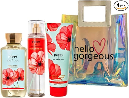 Bath & Body Works - 3 Piece Bundle - Spray - Body Cream - Shower Gel - Full Size and Gift Bag HELLO GORGEOUS (Poppy)