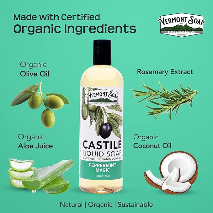 Vermont Castile Soap Peppermint, Gentle Liquid Soap for Sensitive Skin & Natural Body Wash, Organic Hair Shampoo for Oily Hair, Aloe Castile Soap for Men & Women - 16 Oz