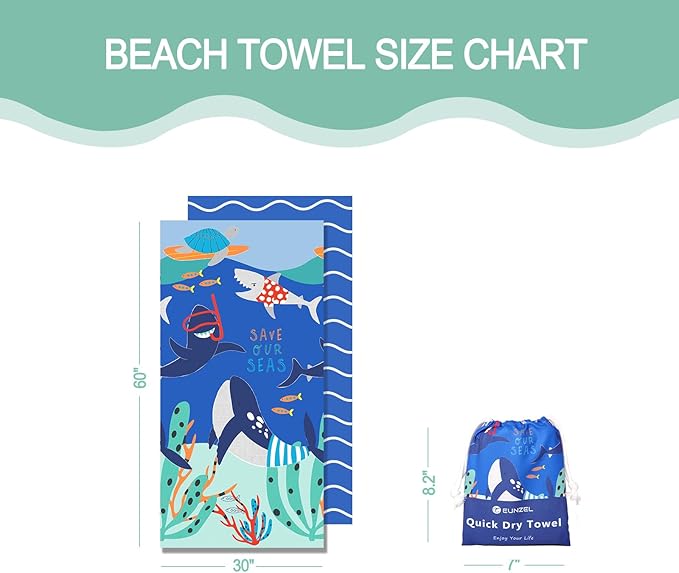 Eunzel Microfiber Kids Beach Towel, Quick Dry Towels for Girls & Boys Sand Free Travel Towel for Beach, Camping, Swim Pool 60"x30"，Sea Friends