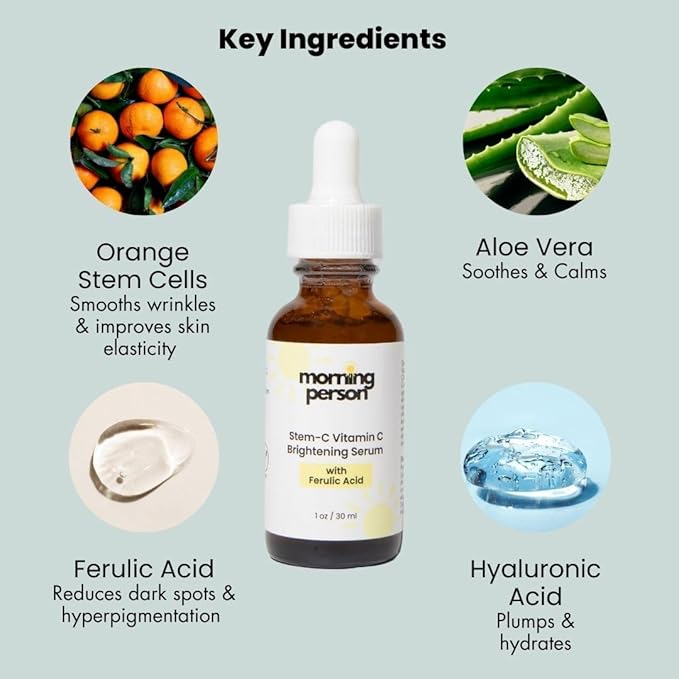 Stem-C Vitamin C Brightening Serum with Ferulic Acid, Vitamin E and Hyaluronic Acid - Improves Dark Spots And Uneven Skin Tone - Hydrating And Nourishing