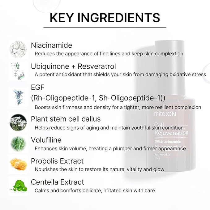 Mito-on Cell Rejuvenation Anti-Aging Serum, 30ml / 1.01 fl.oz –10% Niacinamide, Vitamin B3 and Antioxidants, Centella + EGF for Anti-Aging, Wrinkle Reduction, Pore minimization, Korean Skin Care