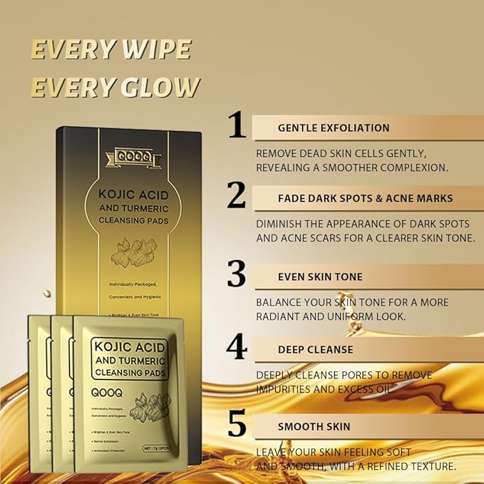 Individually Sealed Turmeric Kojic Acid Cleansing Pads - Stays Fresh, Hygienic! (60 Pads) - Gentle Brightening Exfoliator for Dark Spots & Hyperpigmentation, Travel-Size