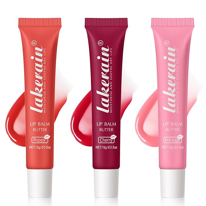 Erinde 3 Colors Lip Butter Balm Trio, Moisture Hydration Lip Butter Gloss, Sheer Tinted Lip Mask and Lip Balm, Soothing Lip Treatment Care Makeup, Shine Lip Glow Oil for Dry, Chapped Lips